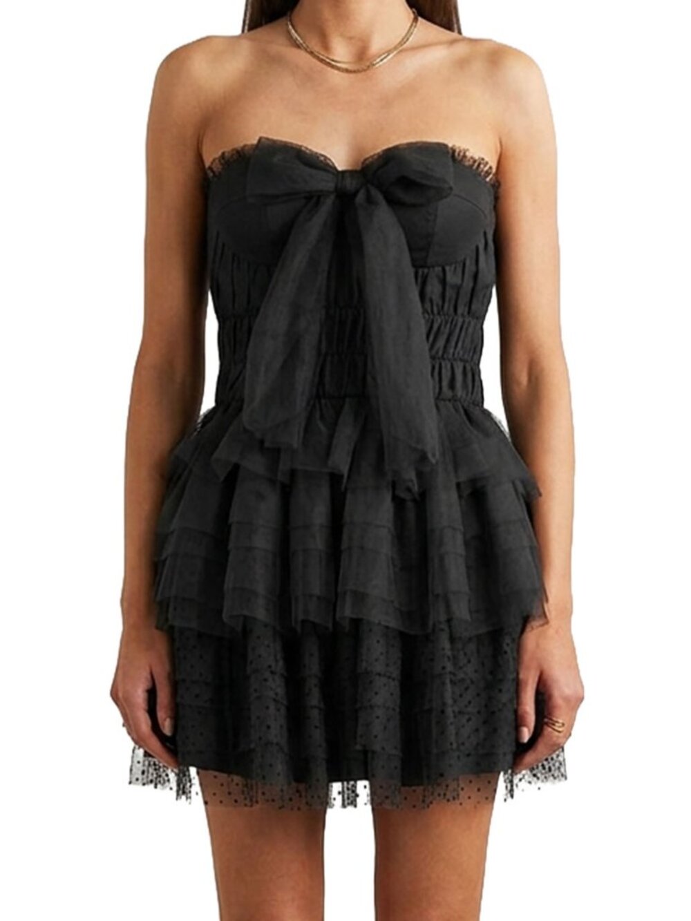 LoveShackFancy Faron Dress Black Strapless Tulle Tiered Mini Bow LBD 2